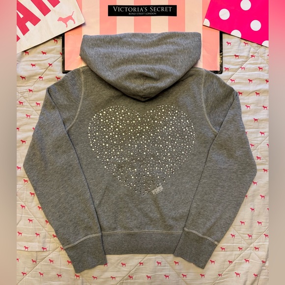 VS PINK VINTAGE Y2K FULL ZIP HOODIE SWEATSHIRT HEART BLING RHINESTONE DOG HTF L